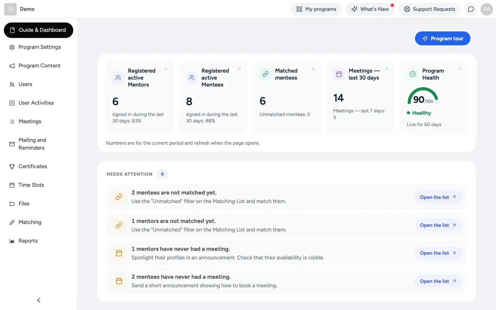 The admin panel home page with the program guide and live counters