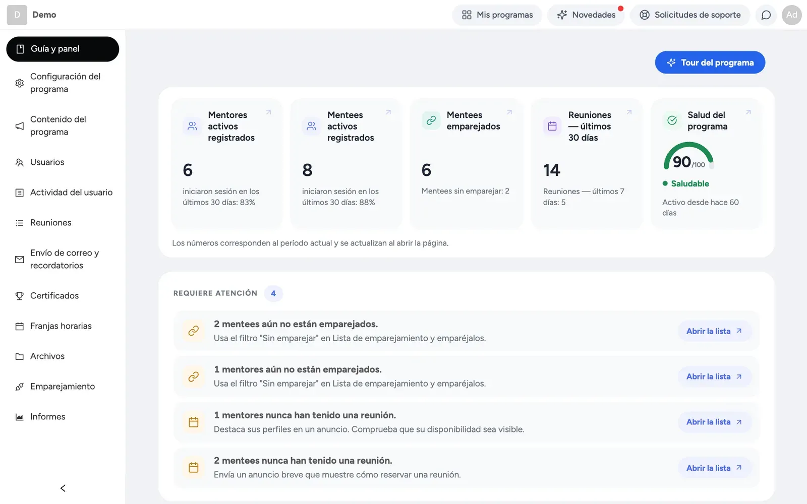 La página de inicio del panel de administración con la guía del programa y los contadores en vivo