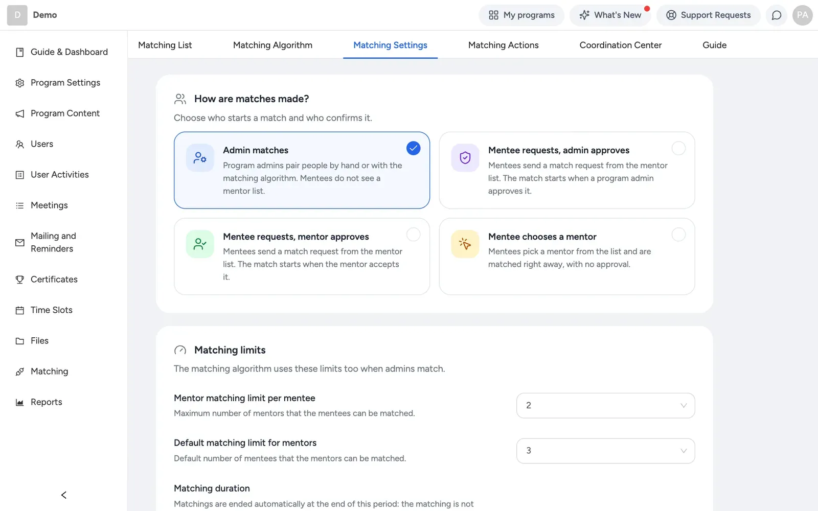 The matching settings page with matching mode and rule options