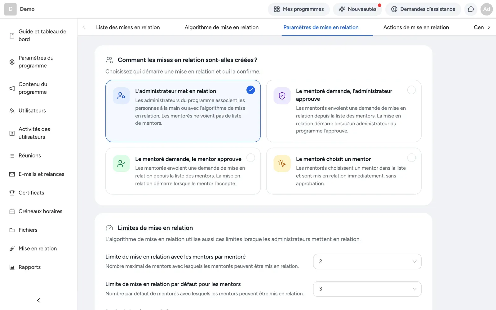 La page des paramètres de mise en relation, avec le mode de mise en relation et les options de règles