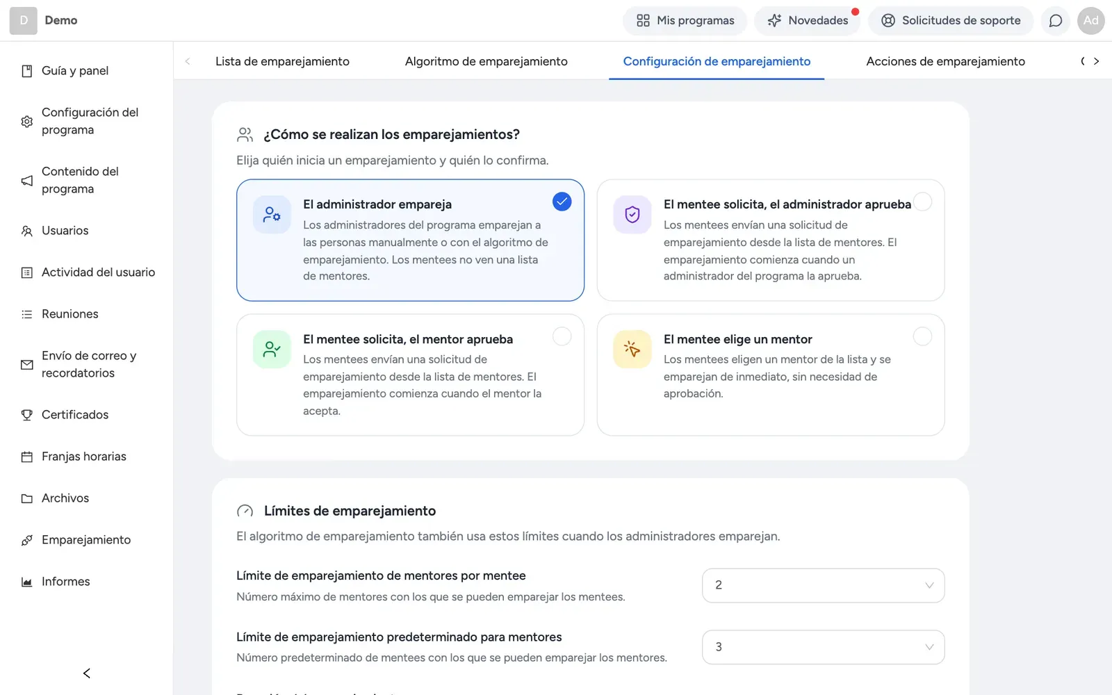 La página de configuración de emparejamiento con el modo de emparejamiento y las opciones de reglas