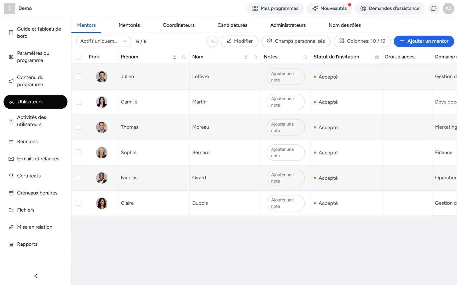 La page Utilisateurs listant les mentors ou les mentorés, avec les actions d’invitation et d’import