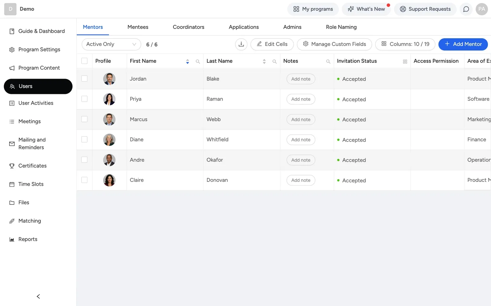 The Users page listing mentors or mentees with invite and import actions