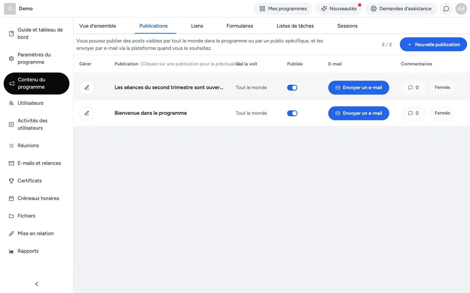Création d’une publication avec le public, le statut de publication et l’option e-mail