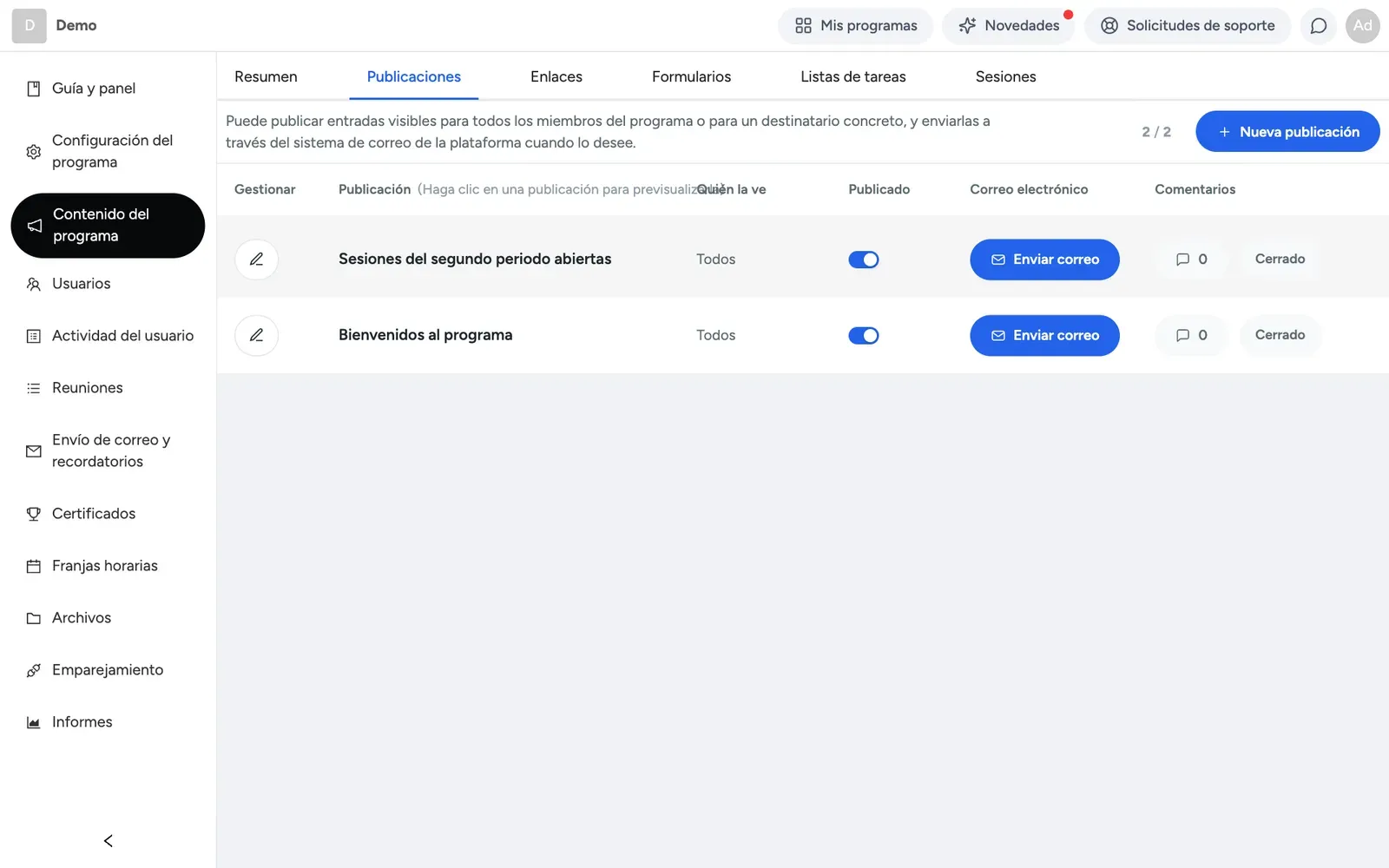 Creación de una publicación con el público, el estado de publicación y la opción de email