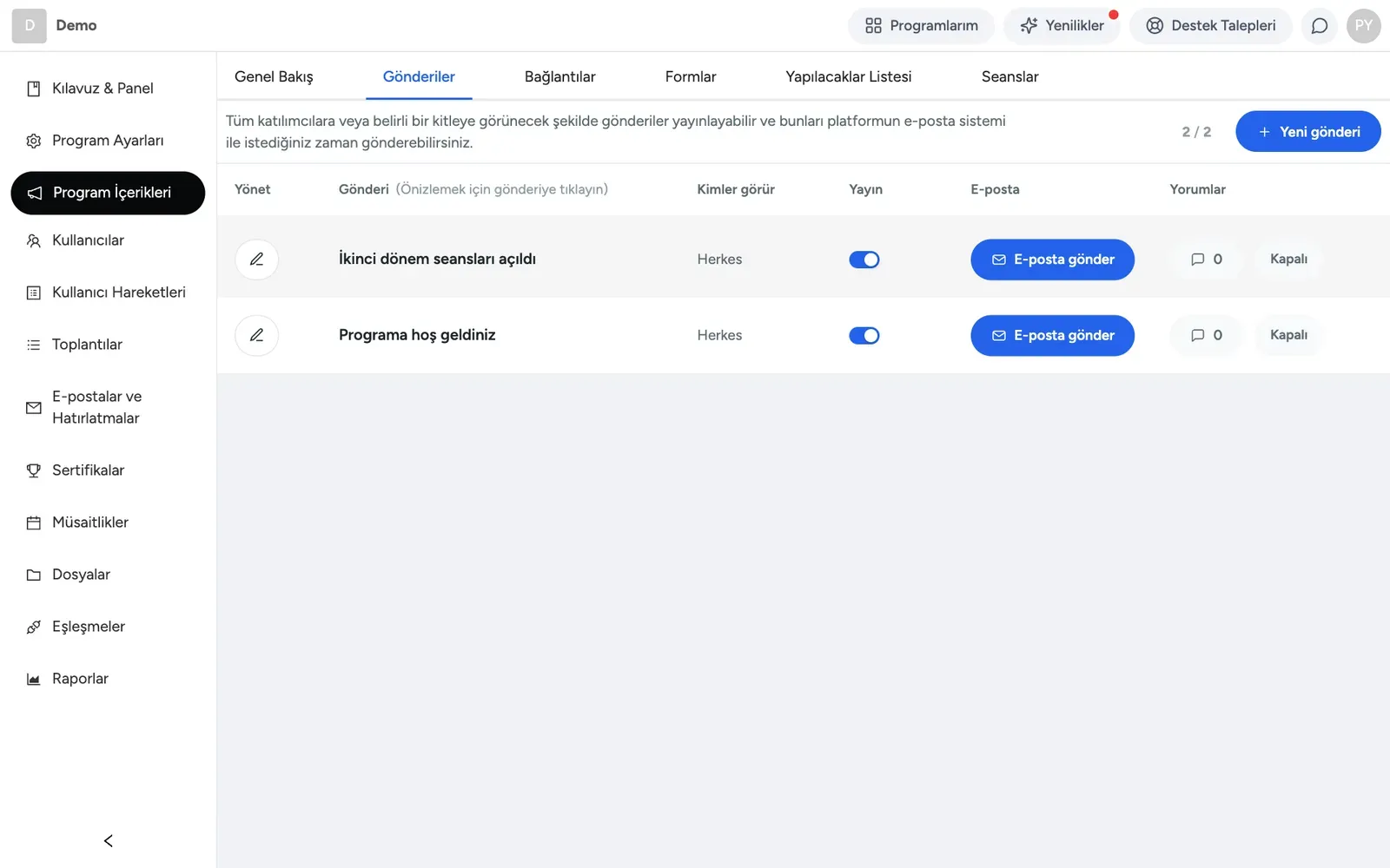 Hedef kitle, yayın durumu ve e-posta seçeneğiyle gönderi oluşturma