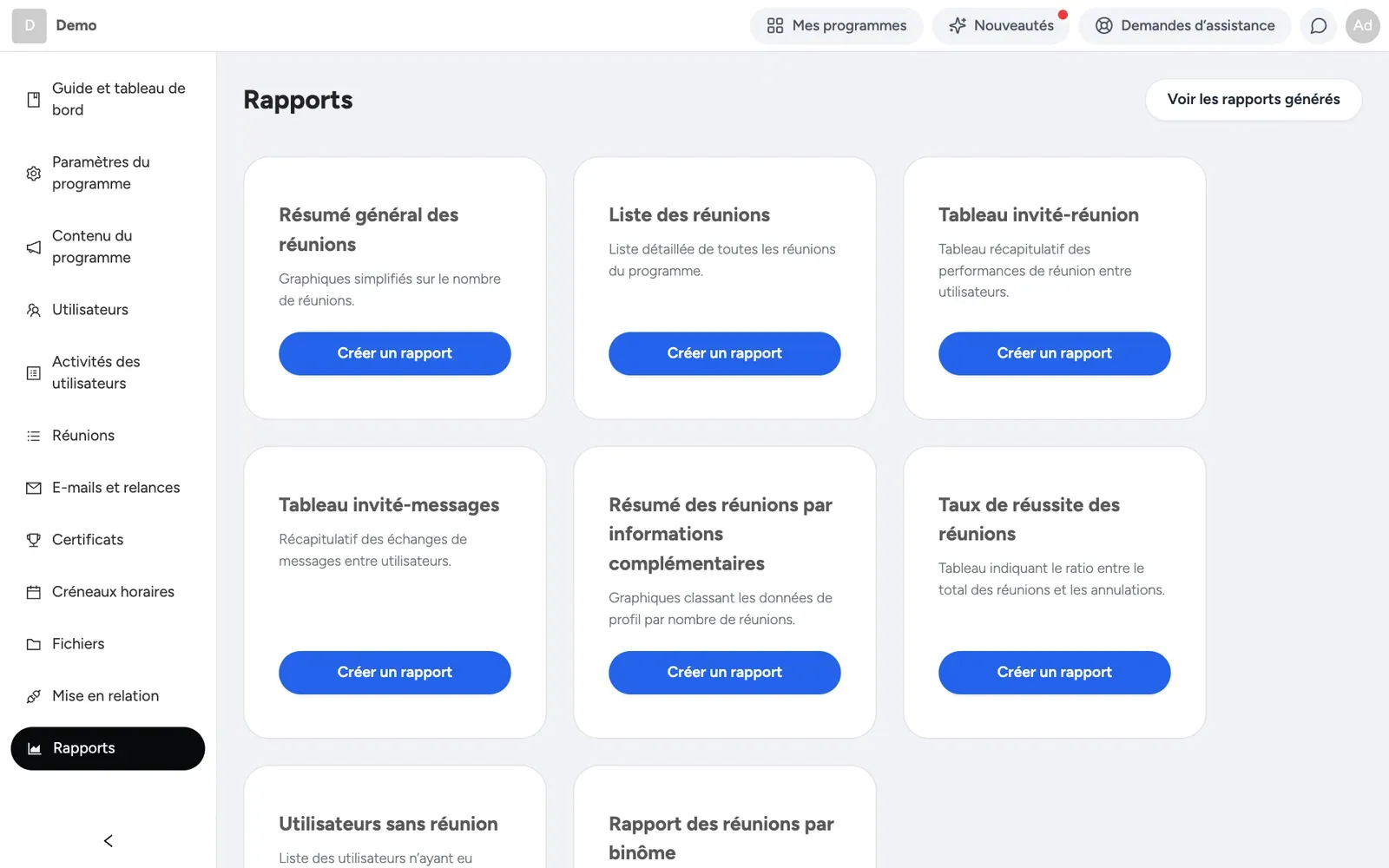 La page des rapports avec les types de rapport et un rapport généré prêt à être téléchargé