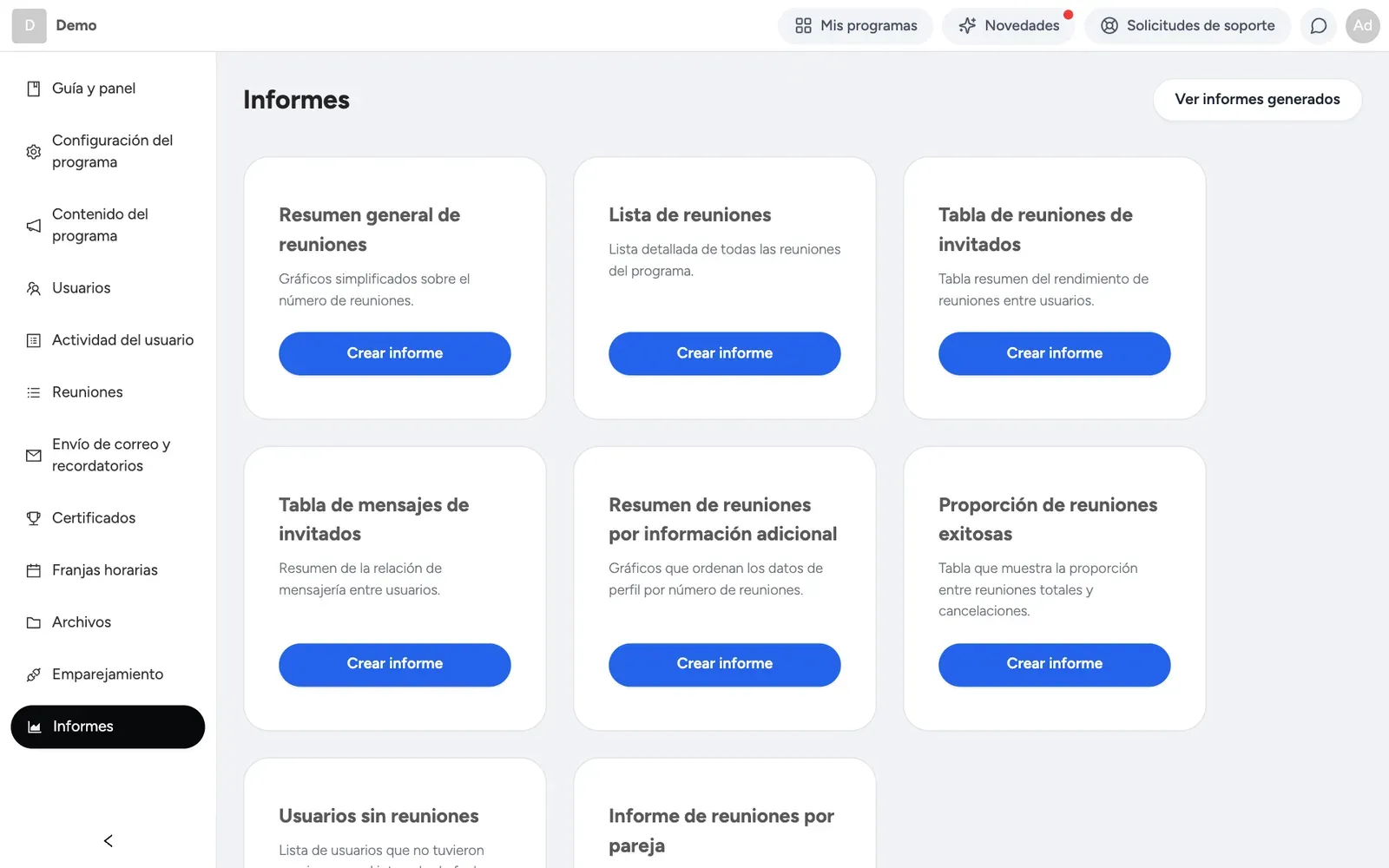 La página de informes con los tipos de informe y un informe generado listo para descargar