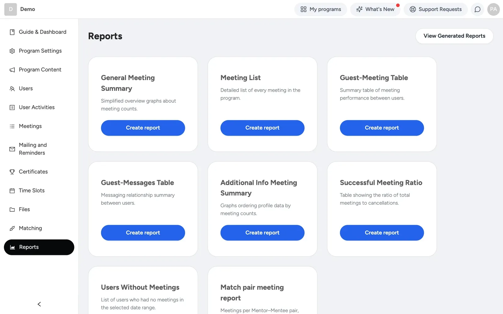 The reports page with report types and a generated report ready to download