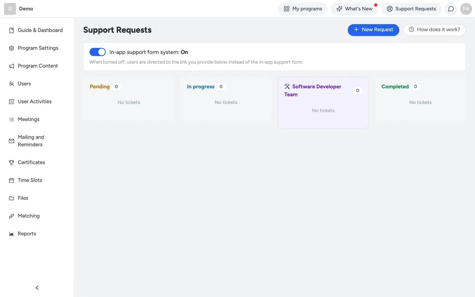 The support board with pending, in progress, and completed request columns