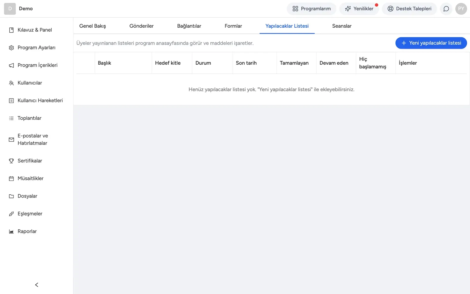 Her kontrol listesinin ilerleme durumları ve hedef kitlesiyle yapılacaklar listesi