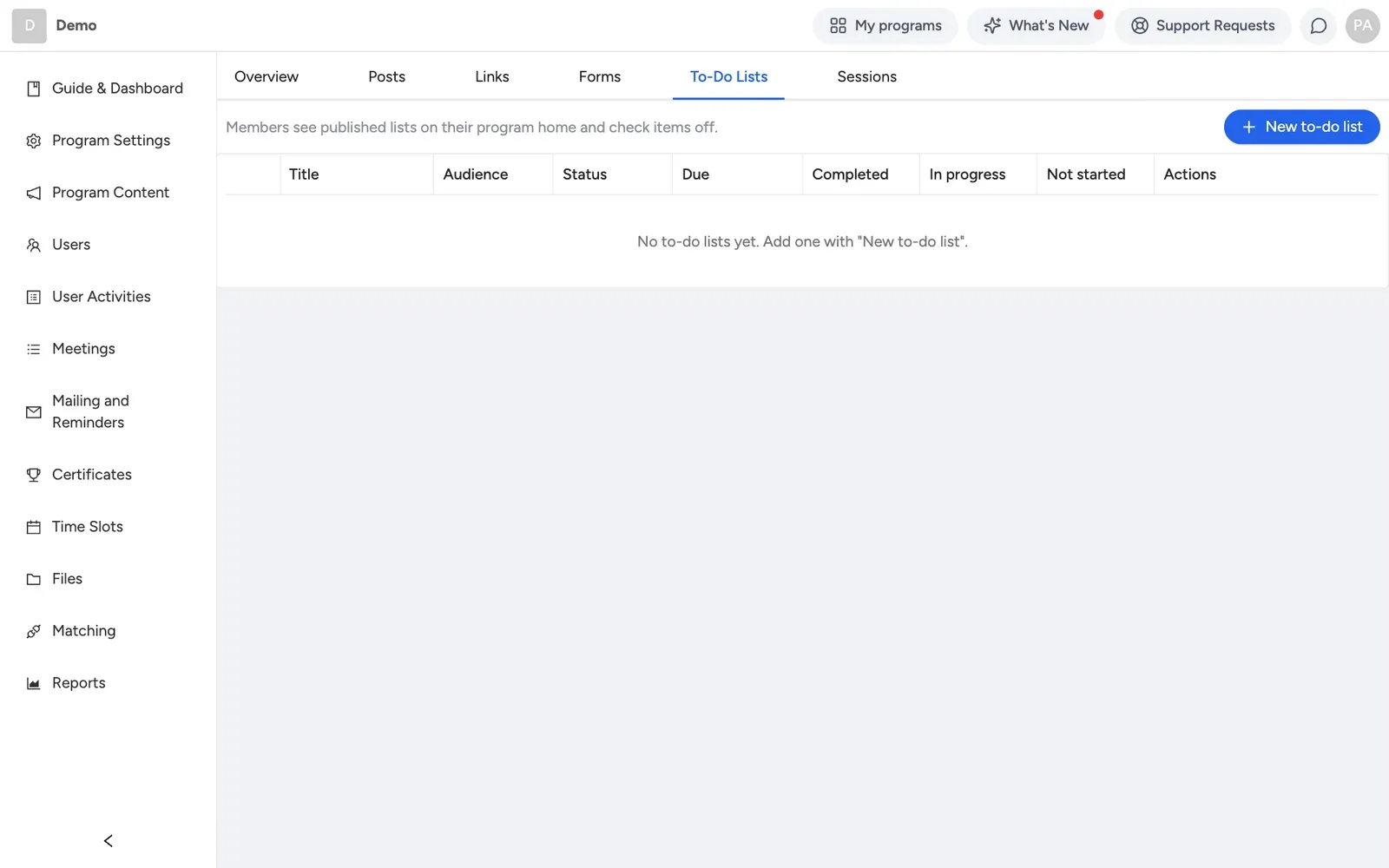 A tasks list with progress states and audience for each checklist