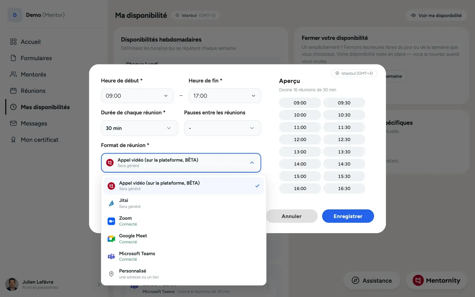 Le sélecteur de lieu avec la vidéo intégrée, Jitsi, Zoom, Google Meet, Teams et l’option personnalisée