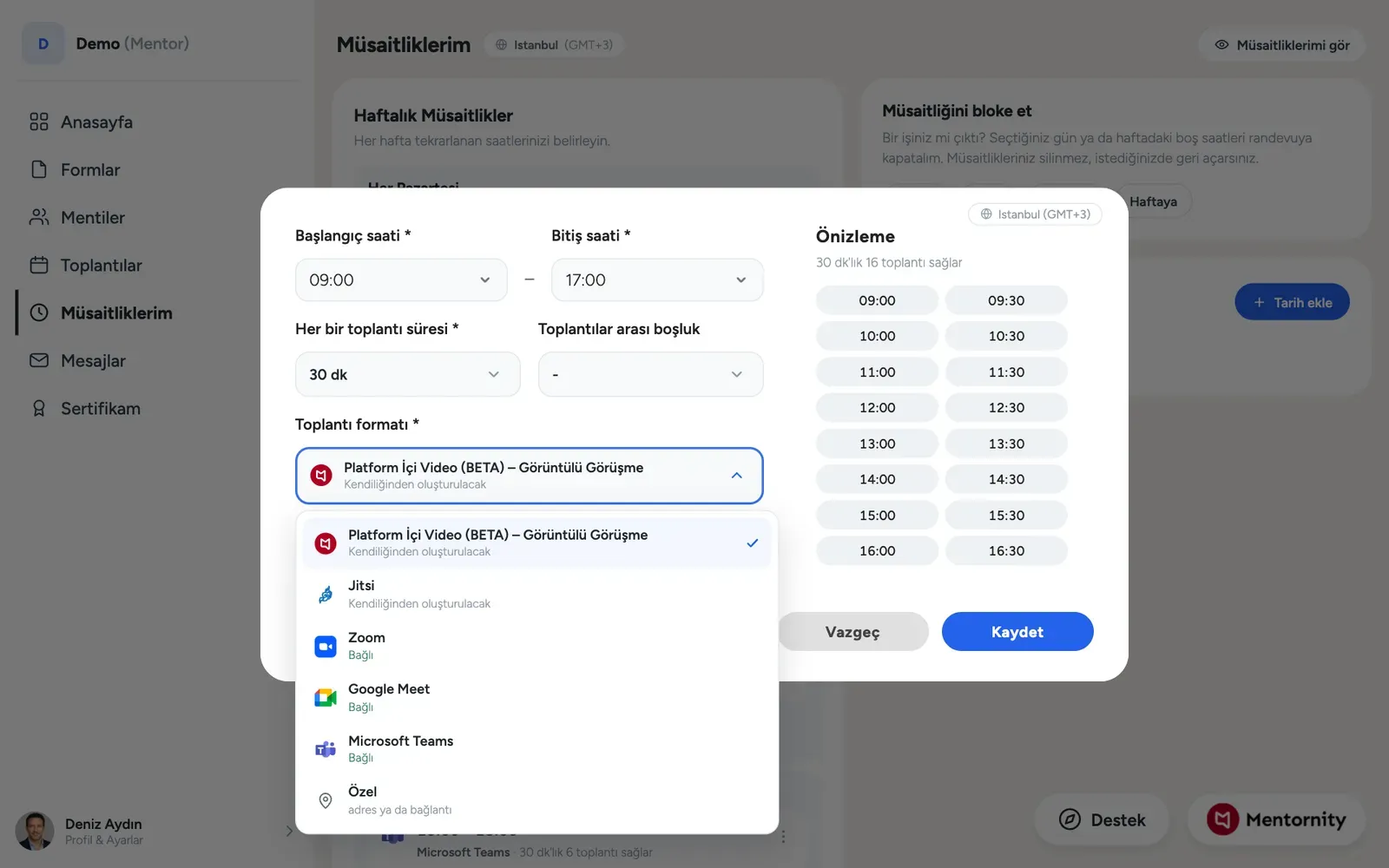 Platform içi video, Jitsi, Zoom, Google Meet, Teams ve özel seçenekleri gösteren yer seçici