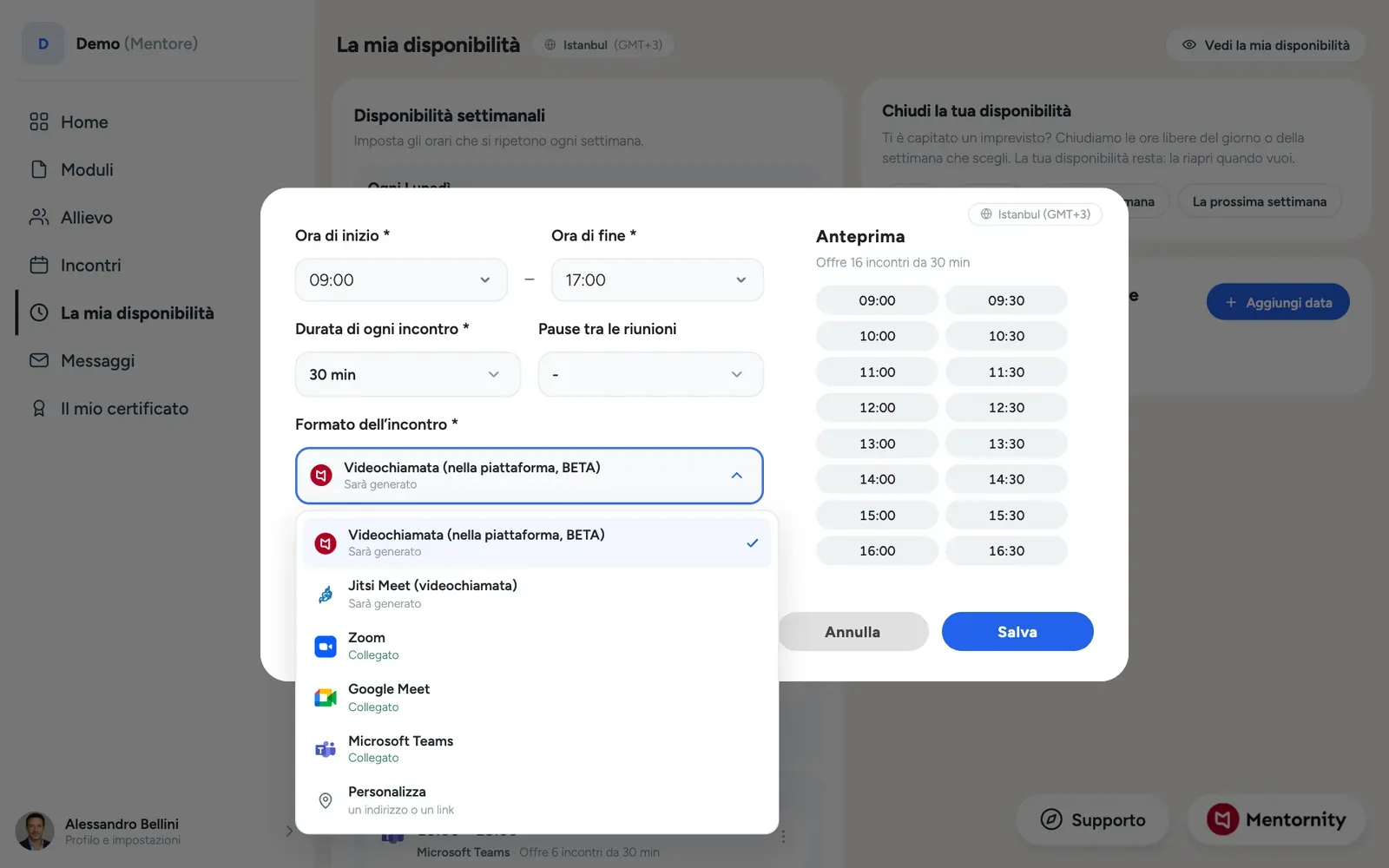 Il selettore del luogo dell’incontro con video nella piattaforma, Jitsi, Zoom, Google Meet, Teams e un’opzione personalizzata