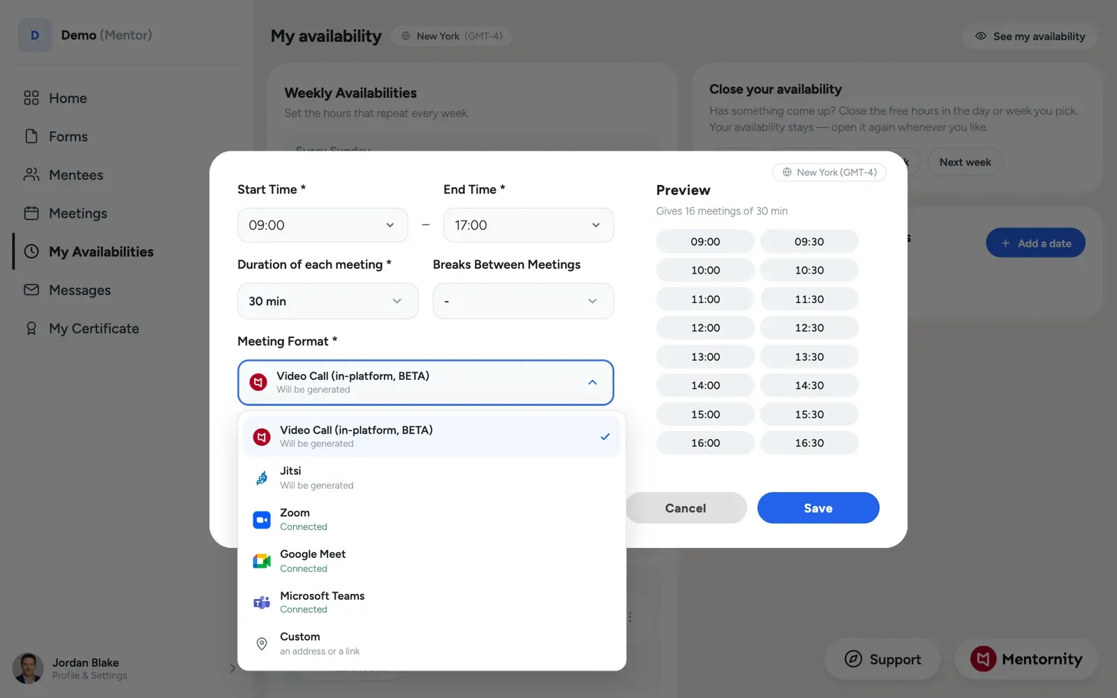 Location picker showing in-platform video, Jitsi, Zoom, Google Meet, Teams, and custom options