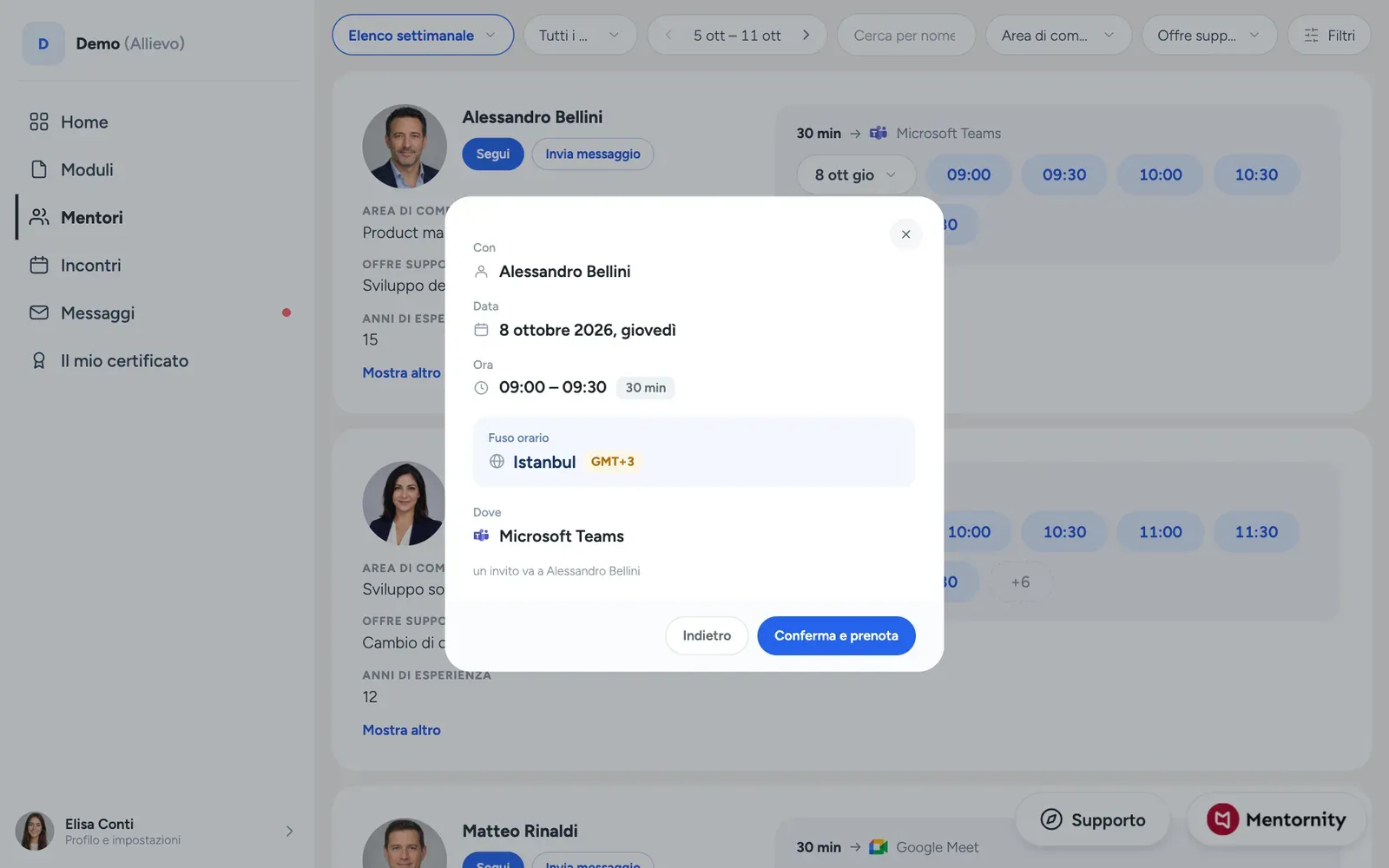 Un mentee prenota uno slot libero dal calendario di un mentor