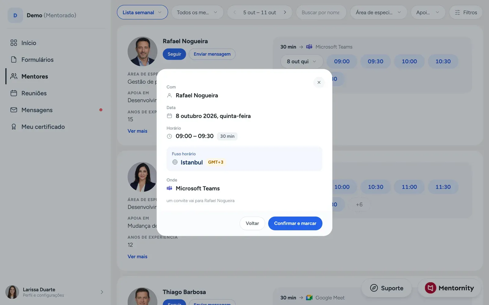 Mentorado reservando um horário disponível na agenda de um mentor