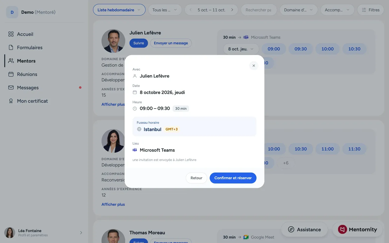 Un mentoré réserve un créneau disponible dans le calendrier d’un mentor