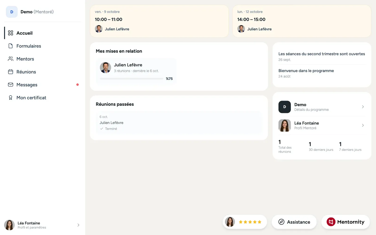 La page d’accueil du mentoré avec les tâches, les réunions à venir et les publications du programme