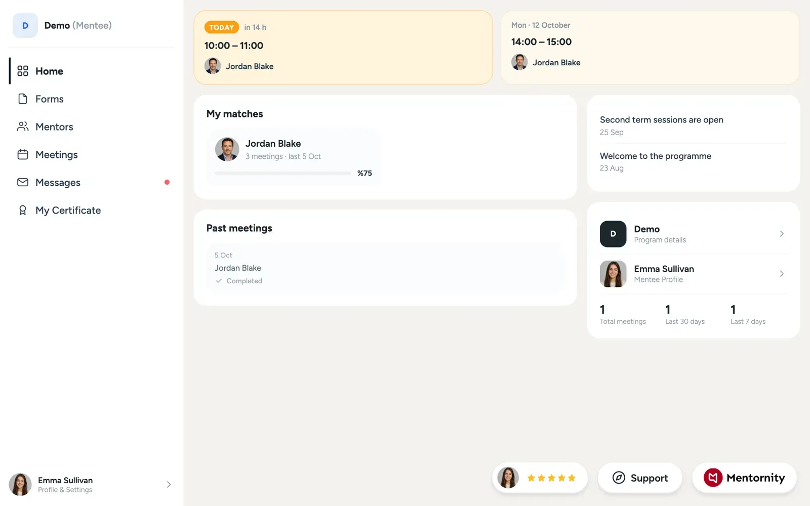 Mentee's home page showing tasks, upcoming meetings, and program posts