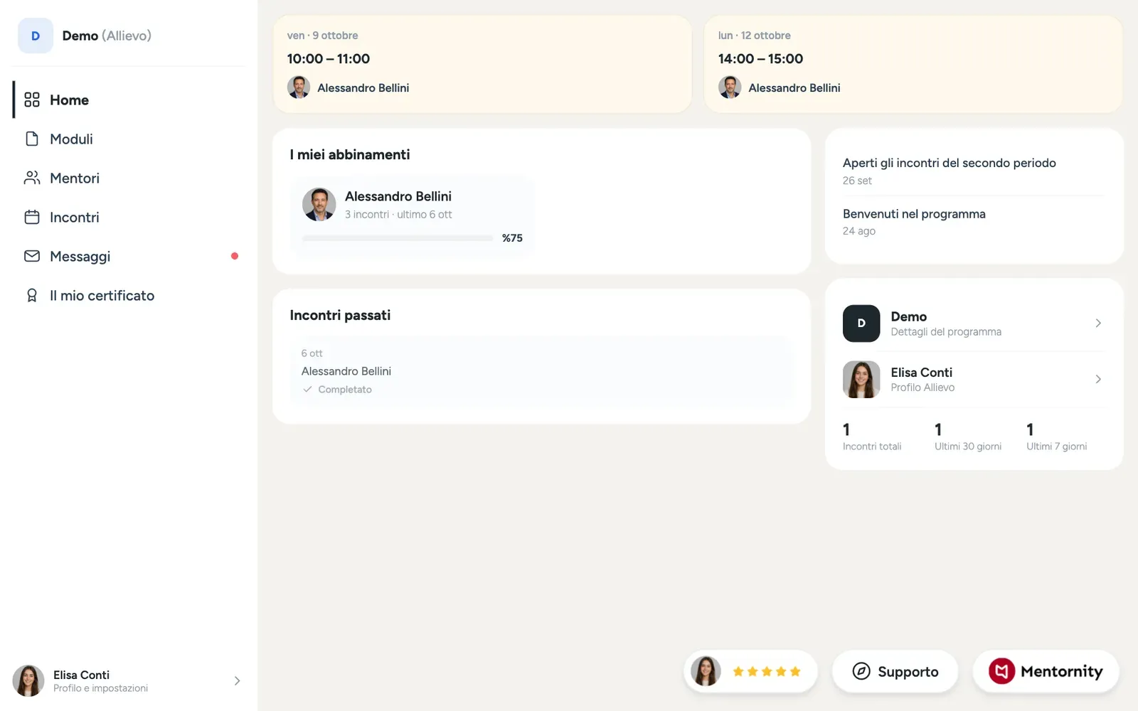 La home del mentee con attività, prossimi incontri e post del programma