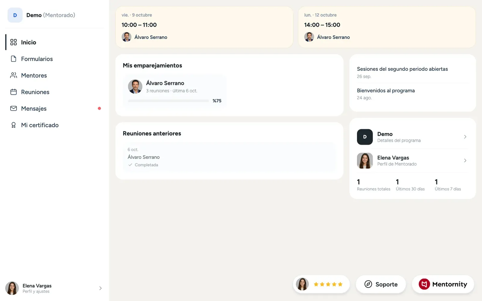 La página de inicio del mentorado con las tareas, las próximas reuniones y las publicaciones del programa