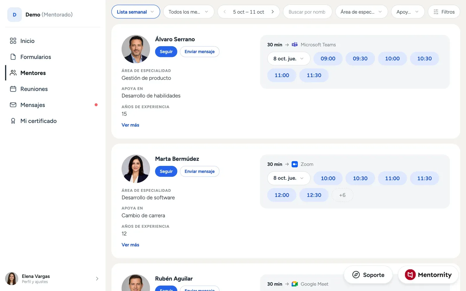 Un mentorado explorando la lista de mentores disponibles con sus perfiles y especialidades