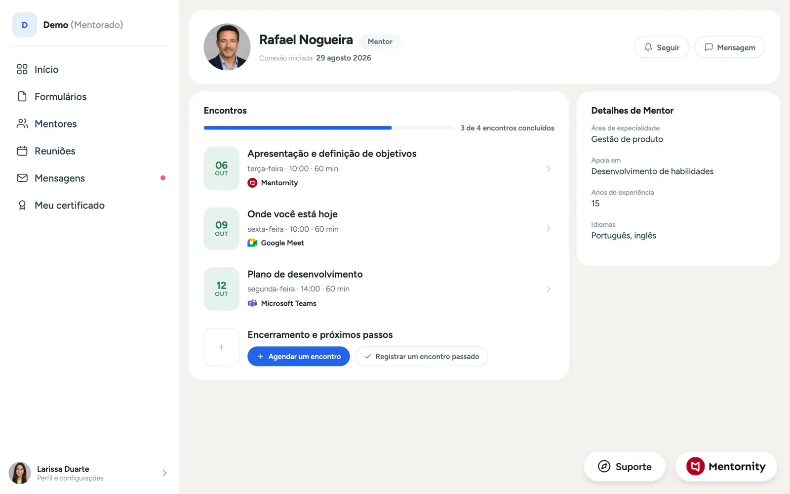 Página do par do mentorado com o perfil do mentor, o histórico de reuniões e as anotações compartilhadas