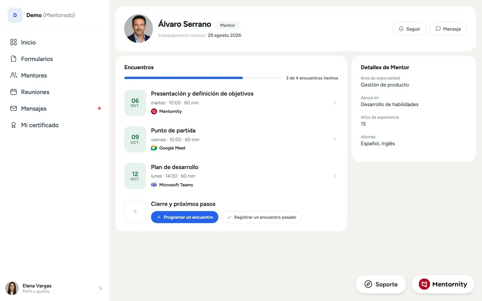 La página de la pareja del mentorado con el perfil del mentor, el historial de reuniones y las notas compartidas