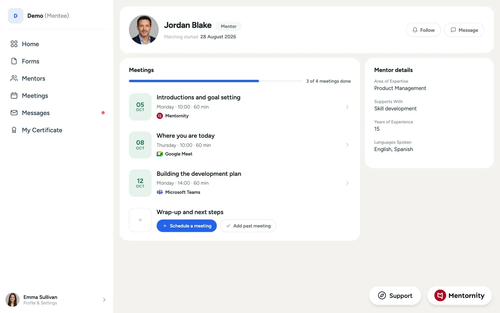 Mentee's pair page showing the mentor profile, meeting history, and shared notes