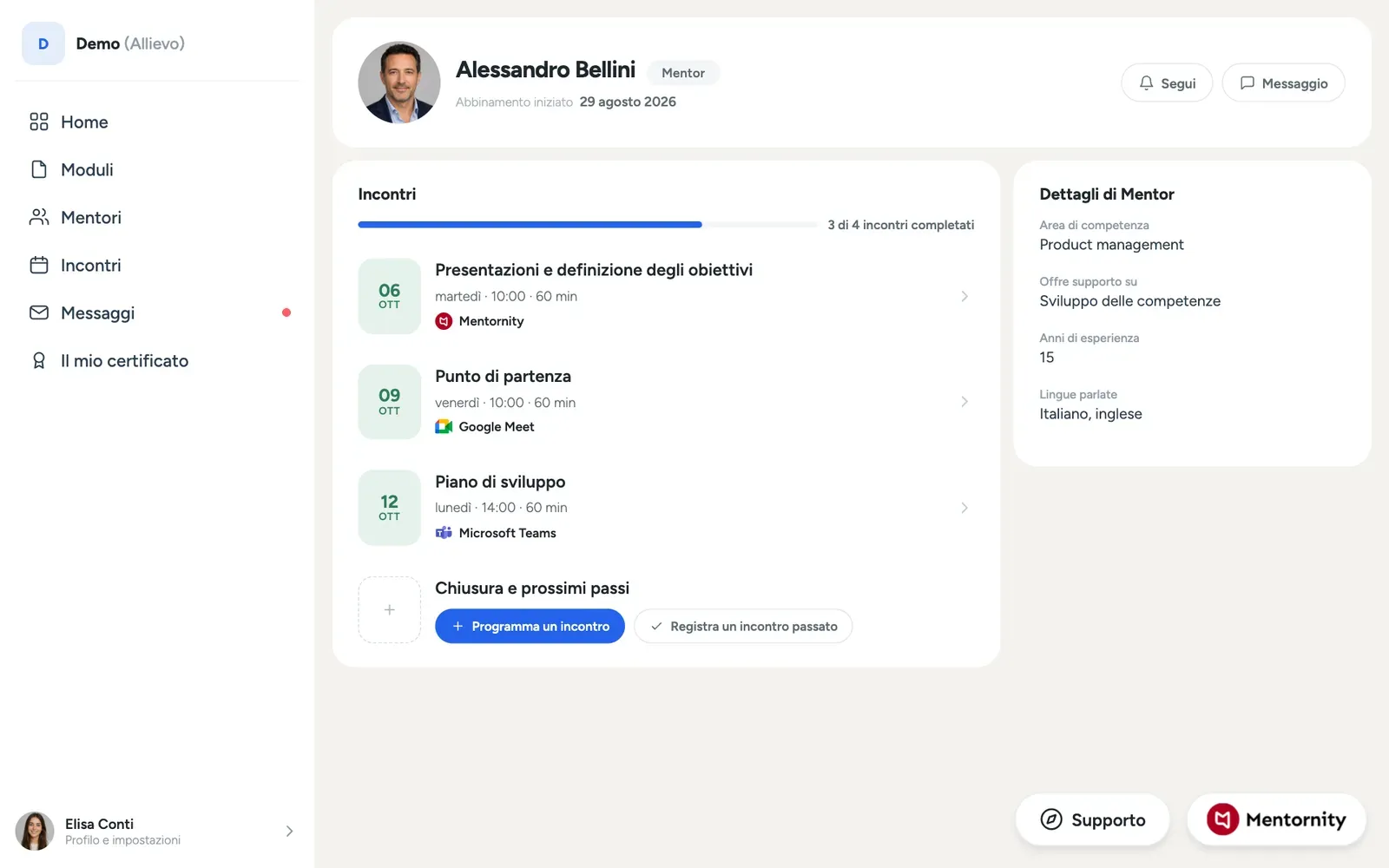 La pagina della coppia per il mentee con il profilo del mentor, lo storico degli incontri e le note condivise