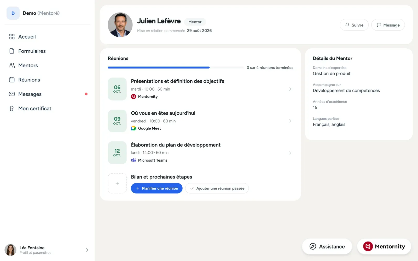 La page du binôme côté mentoré avec le profil du mentor, l’historique des réunions et les notes partagées
