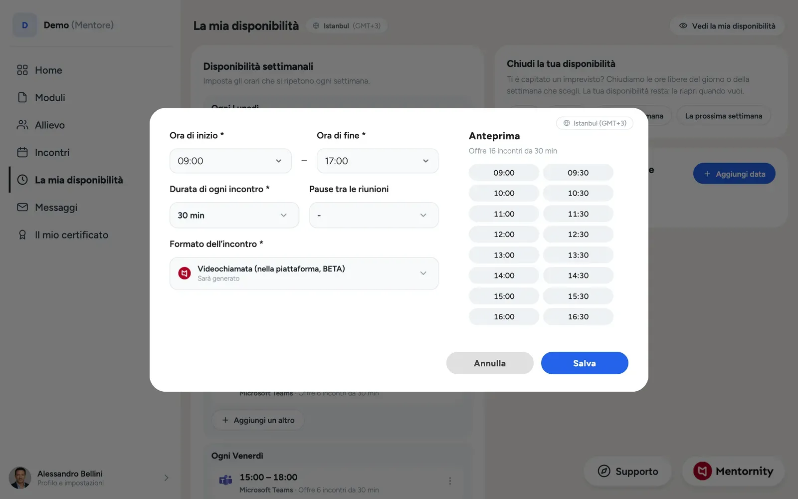 Il modulo della disponibilità del mentor con il menu a tendina del luogo dell’incontro