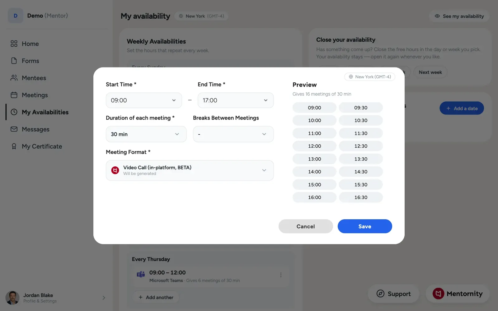 Mentor adding weekly availability slots on a calendar