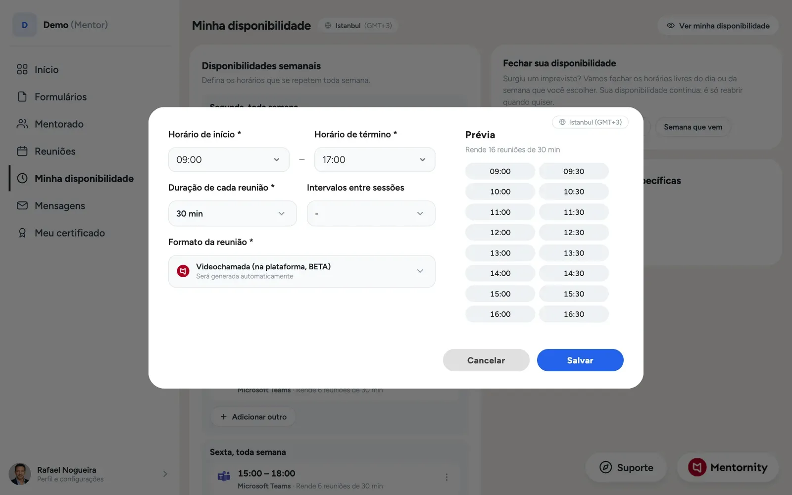 Formulário de disponibilidade do mentor com a lista de locais de reunião