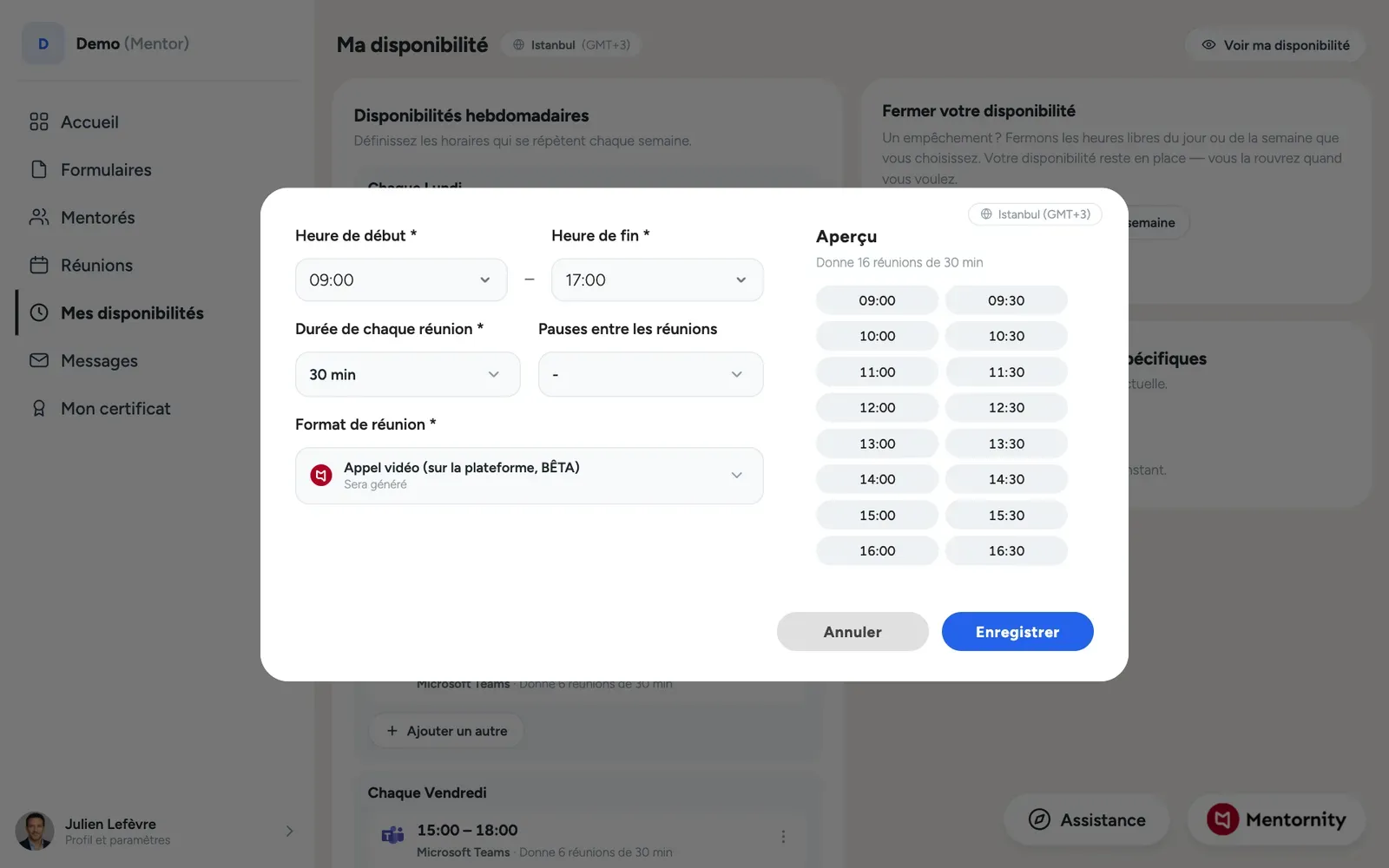 Un mentor ajoute des créneaux de disponibilité hebdomadaires dans un calendrier