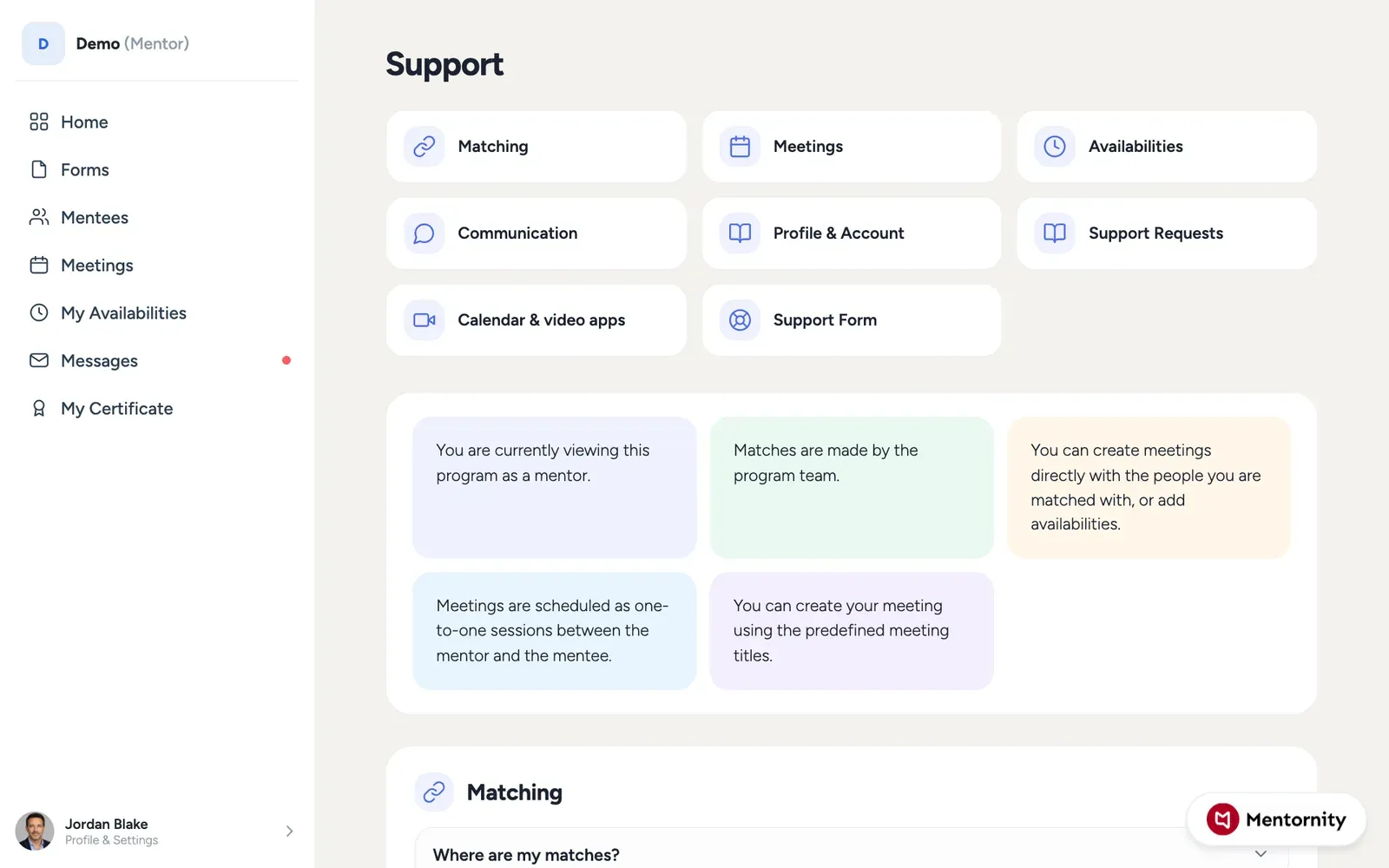 In-app guidebook page with expandable sections for matching, meetings, and support