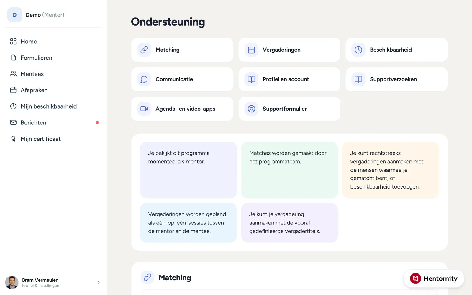 Gidspagina in de app met uitklapbare onderdelen over matching, afspraken en support