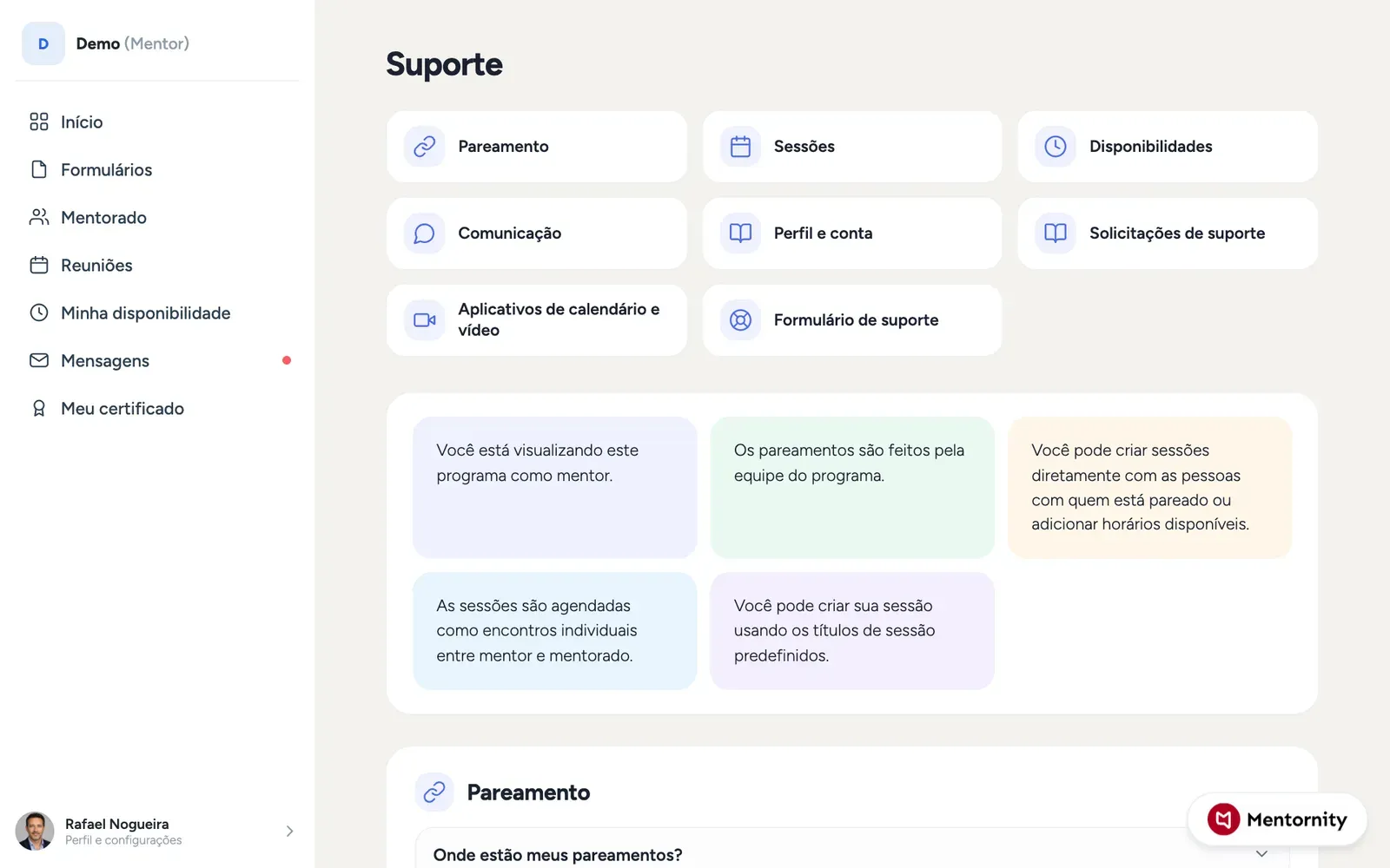 Página do guia no app com seções expansíveis sobre matching, reuniões e suporte