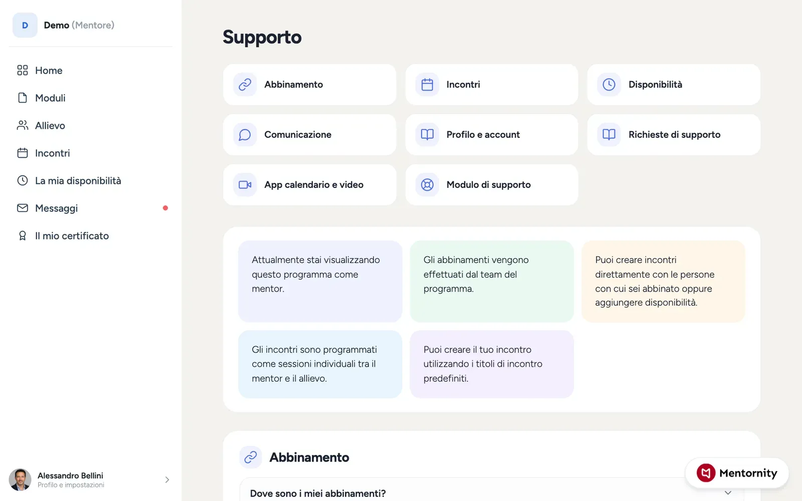 La pagina della guida nell’app con sezioni espandibili su matching, incontri e supporto