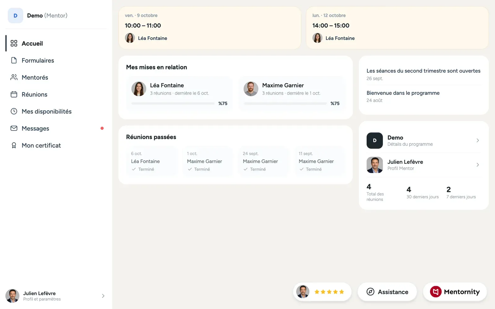 La page d’accueil du mentor avec les mentorés en binôme, les réunions à venir et le menu du compte