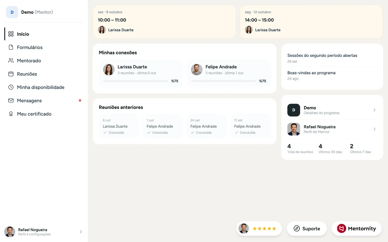 Página inicial do mentor com os mentorados com match, as próximas reuniões e o menu da conta