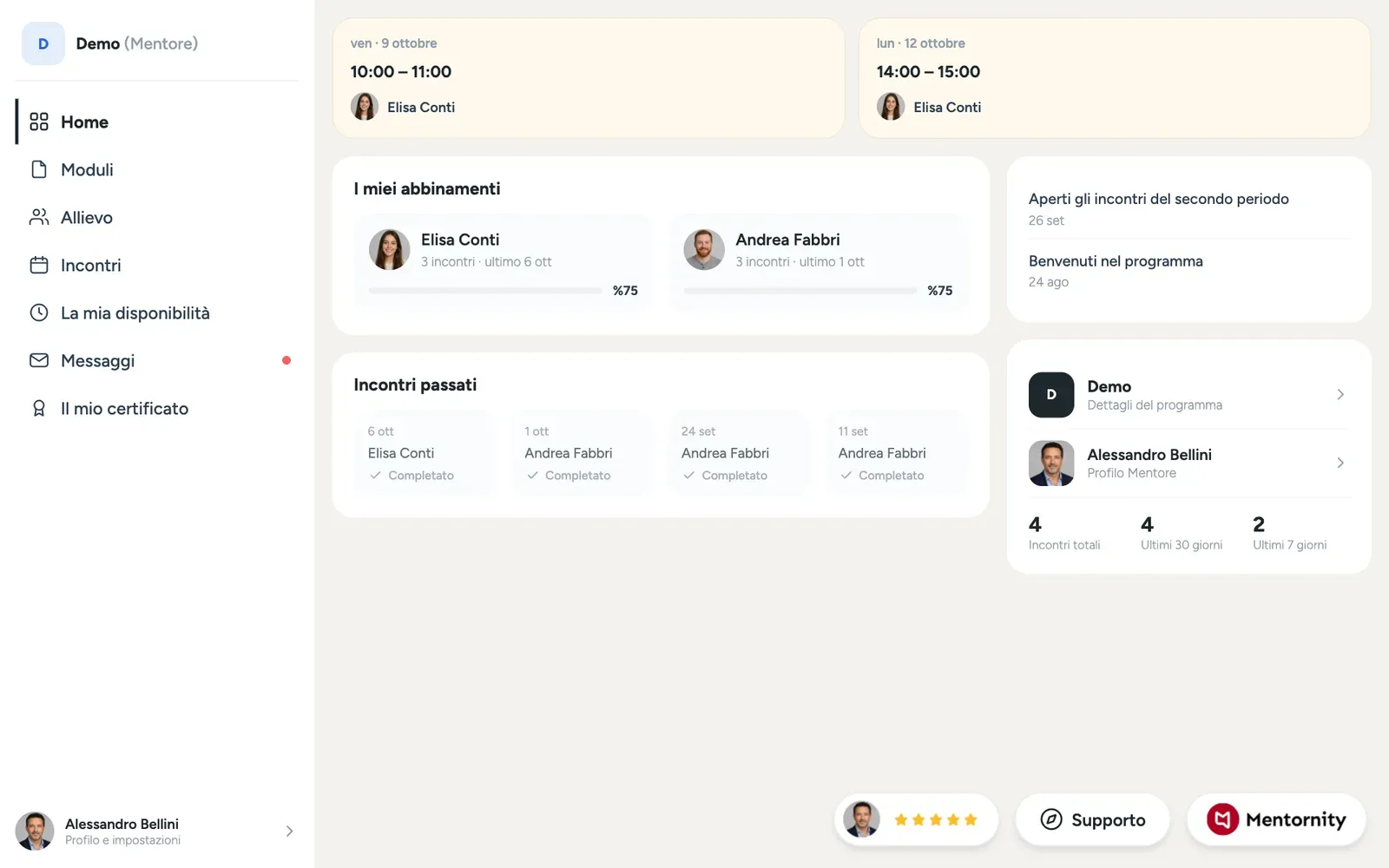 La home del mentor con i mentee abbinati, i prossimi incontri e il menu dell’account