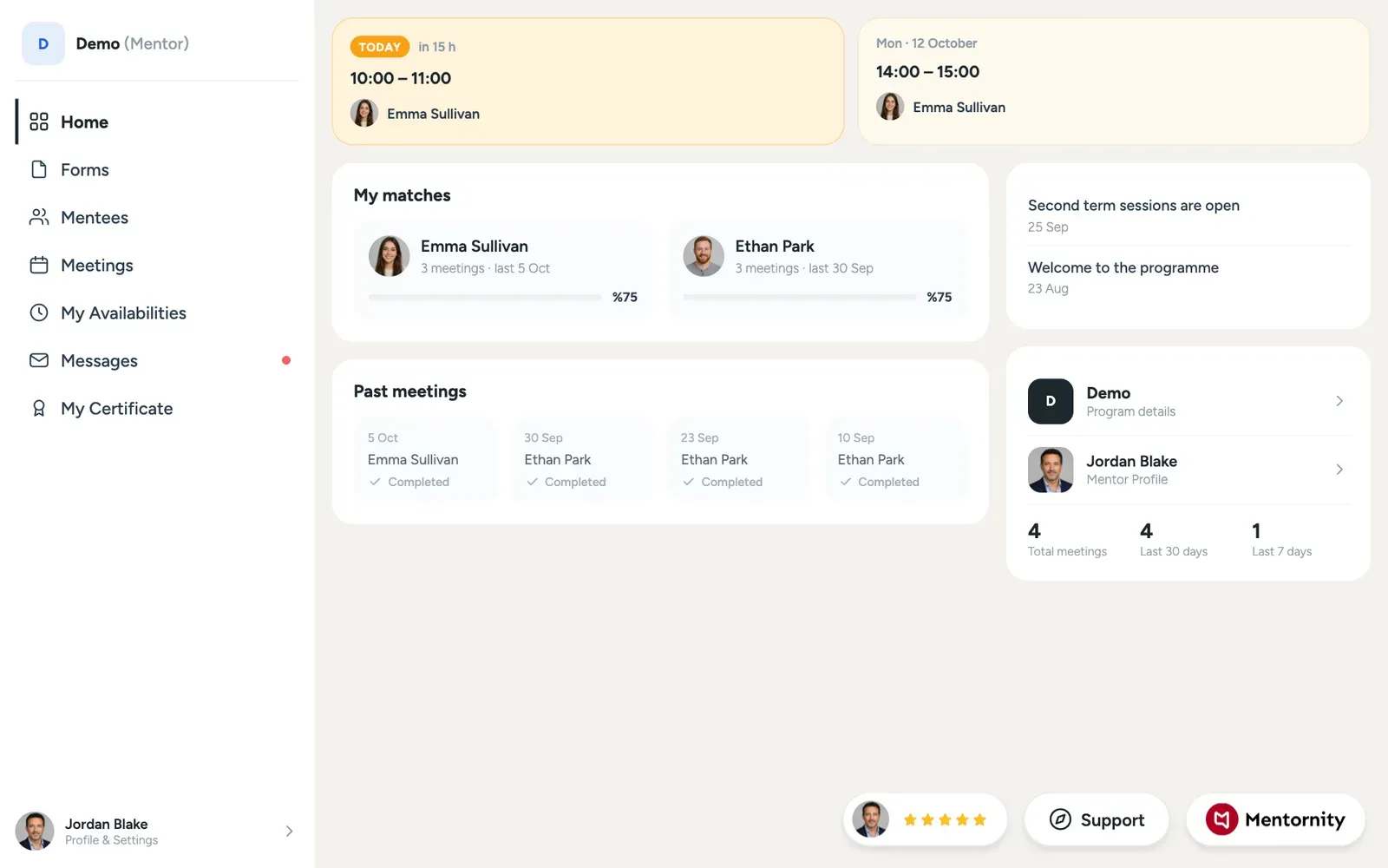 Mentor's home page showing matched mentees, upcoming meetings, and account menu