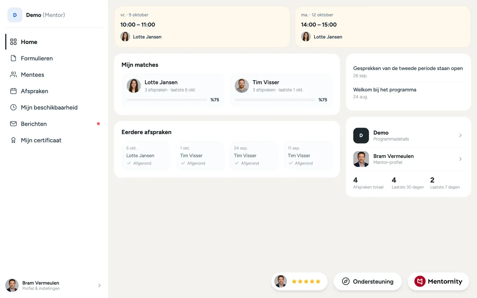 Startpagina van een mentor met gematchte mentees, komende afspraken en het accountmenu