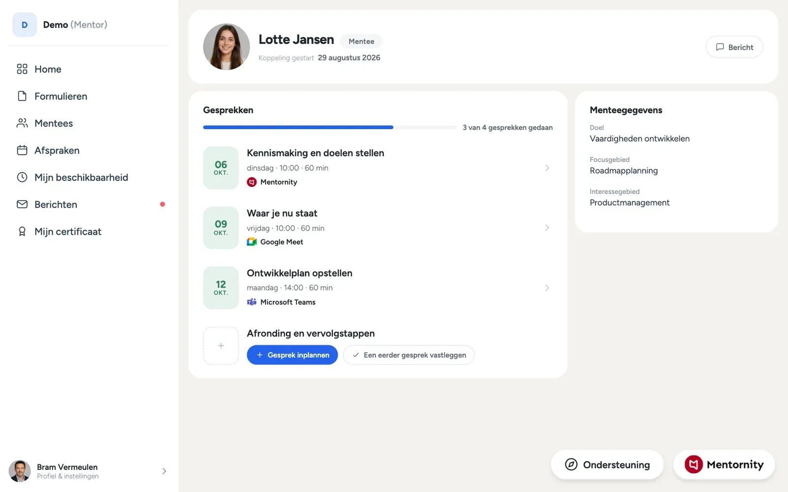 Duopagina van een mentor met afsprakengeschiedenis, komende afspraak en notities