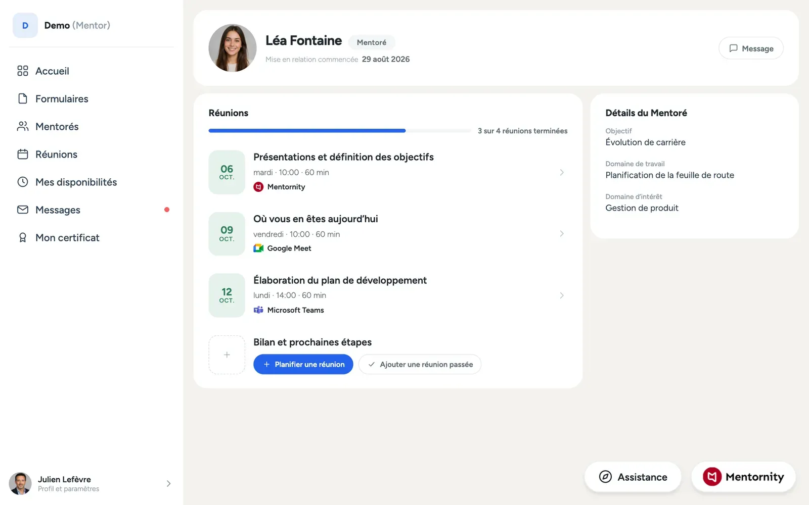 La page du binôme côté mentor avec l’historique des réunions, la réunion à venir et les notes