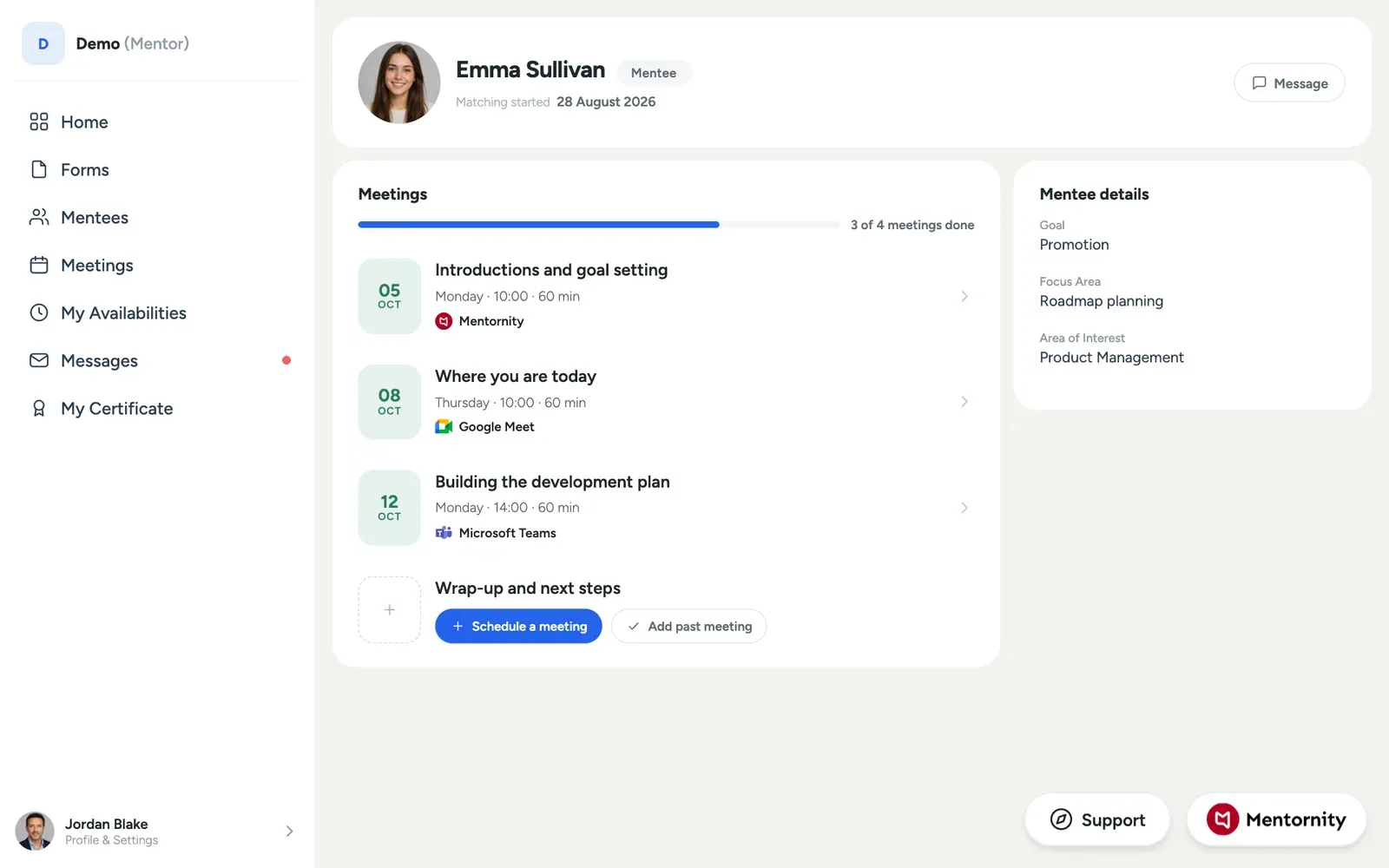 Mentor pair page with meeting history, upcoming meeting, and notes