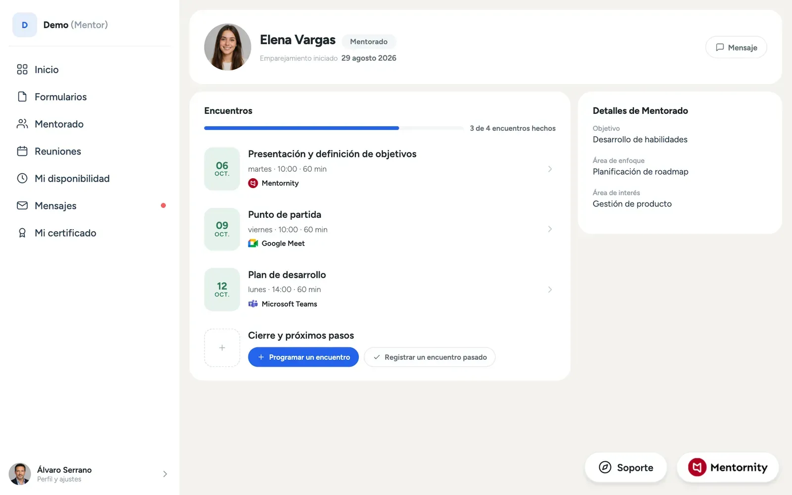 La página de la pareja del mentor con el historial de reuniones, la próxima reunión y las notas